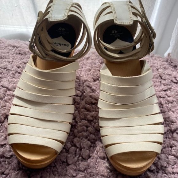 SWEDISH HASBEENS H&M WHITE LEATHER WOOD PLATFORMS - Picture 3 of 12